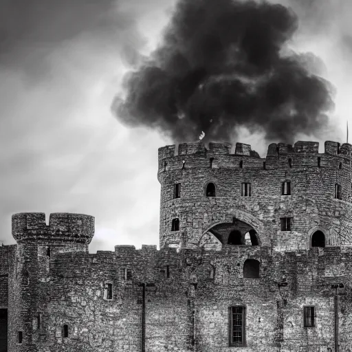 Image similar to Siege of a burning medieval castle, XF IQ4, 150MP, 50mm, f/1.4, ISO 200, 1/160s, natural light, Adobe Photoshop, Adobe Lightroom, DxO Photolab, polarizing filter, Sense of Depth, AI enhanced, HDR