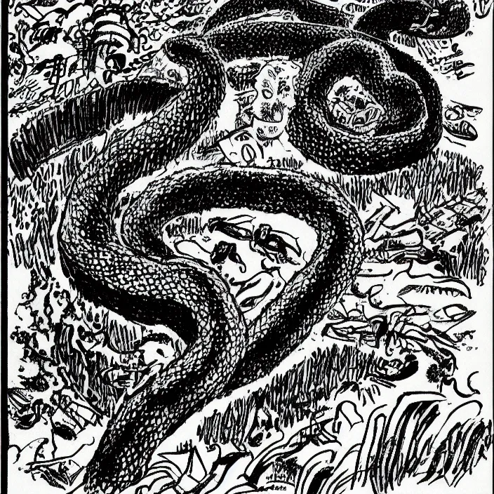 Image similar to a still frame from comic strip, black fluffy hairy snake 1 9 5 0, herluf bidstrup, new yorker illustration, monochrome contrast bw, lineart, manga, tadanori yokoo, simplified,