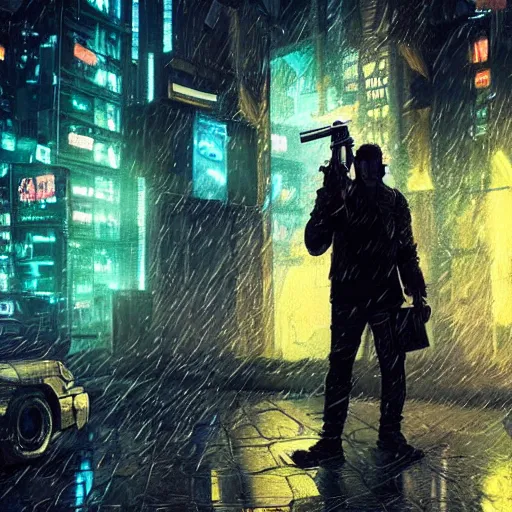 Image similar to a man holding a gun in a cyberpunk city the background is the cyberpunk city and it's raining close - up shot by greg rutkowski