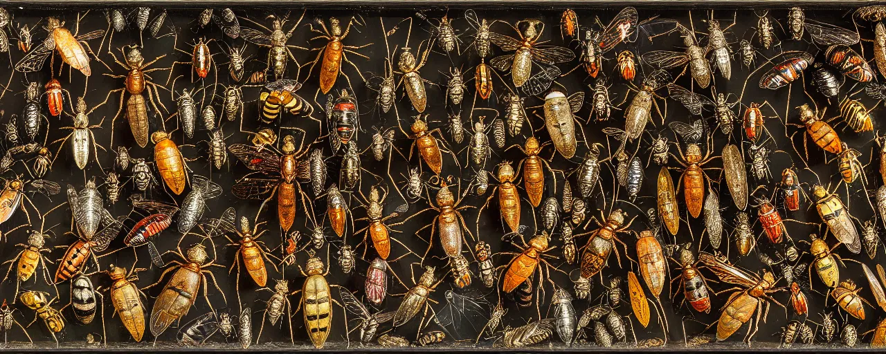 Prompt: a grid of strange giant pinned insects in a museum display case, beetles, spiders, butterflies, moths, wasps, bees, maggots, locusts and flies, oil painting by max ernst and anselm kiefer, decay, mixed media, textured, sharp focus, highly detailed, photographic emulsion cracked and peeling, rust, cinematic lighting, 8 k, hd