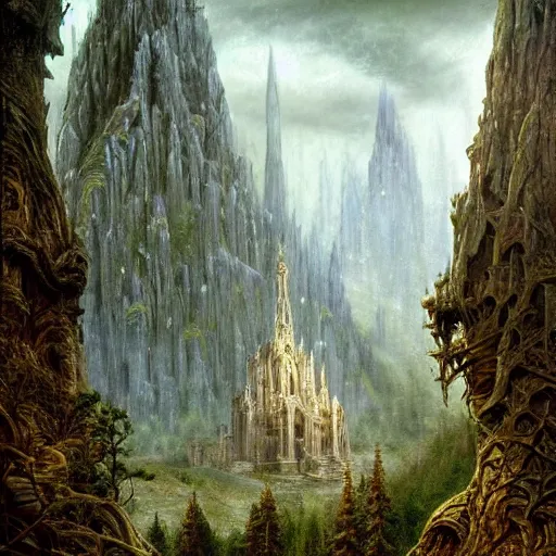 Image similar to a beautifully epic and insanely detailed oil painting of an elven temple deep in the misty mountains, secret valley, tall spires, beautiful trees, runes carved into the stone, intricate details, epic scale, insanely complex, 8 k, sharp focus, hyper realism, fantasy landscape, psychedelic, by caspar friedrich, brian froud, albert bierstadt,