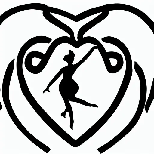 Image similar to clean black and white print on white paper, high contrast, logo of stylized dancer silhouette forming a symmetric heart