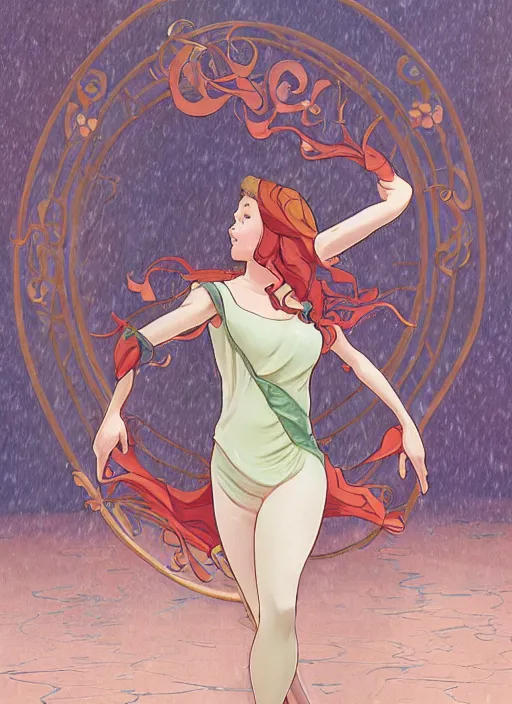 Image similar to well - lit art nouveau portrait of a 1 3 - year old girl dancing in the rain, natural lighting, path traced, highly detailed, high quality, cartoon, digital painting, by don bluth and ross tran and studio ghibli