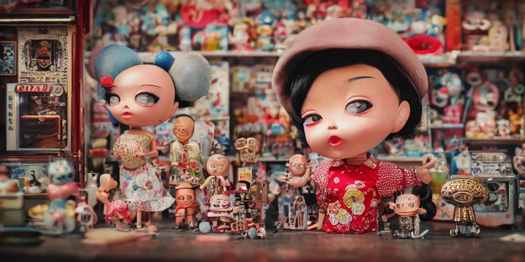 Image similar to closeup portrait of tin toy retro tokyo corner store diorama, depth of field, f 3 2, zeiss lens, detailed, centered, fashion photoshoot, by nicoletta ceccoli, mark ryden, lostfish, breathtaking, 8 k resolution, extremely detailed, beautiful, establishing shot, artistic, hyperrealistic, octane render, - h 8 0 4