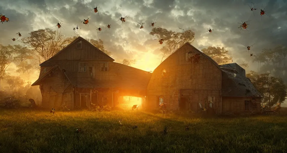 Prompt: giant insects crush a farm house, hyperdetailed, artstation, cgsociety, golden hour 8k