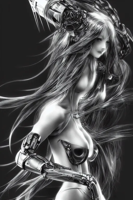 Prompt: a vertical portrait of a character in a scenic environment by Yoshitaka Amano, black and white, dreamy, cybernetic armor, wavy long black hair, highly detailed
