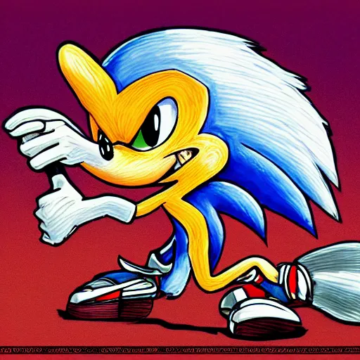 Image similar to low angle shot of Sonic the Hedghehog, by Robert Crumb, intricate, elegant, highly detailed, centered, digital painting, artstation, concept art, smooth