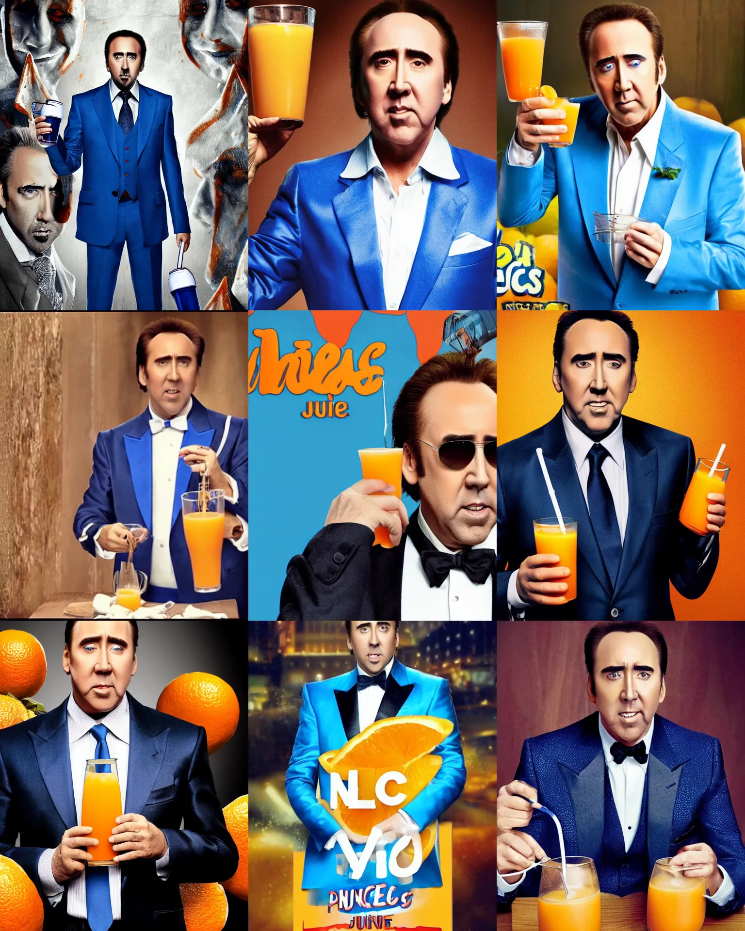 Prompt: nicolas cage wearing blue tuxedo happily drinking orange juice, spilling juice, orange juice stains on jacket, 2 0 1 5 viral product advertisement hd, commercial banner, english text