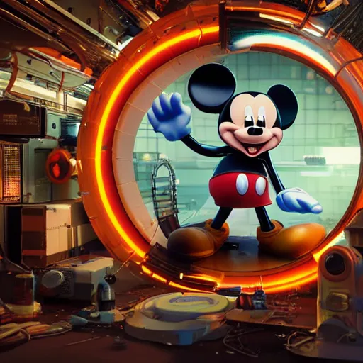 Prompt: a cybertronic mickey mouse being dissected by a group of network executives, on an operating table, octane render, beeple, cgstation, 3 d render, very detailed, mindblowing, blood and guts, gritty, cyberpunk