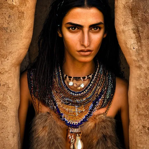 Image similar to portrait of a stunningly beautiful middle eastern tribal female, depth of field, zeiss lens, detailed, symmetrical, centered, fashion photoshoot, by Annie Leibovitz and Steve McCurry, David Lazar, Jimmy Nelsson, Breathtaking, 8k resolution, extremely detailed, beautiful, establishing shot, artistic, hyperrealistic, beautiful face, octane render