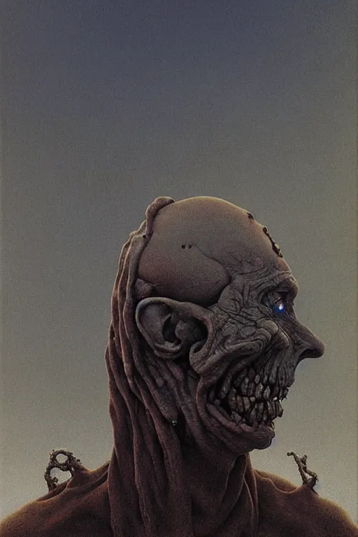 Image similar to potrait of a guy that has crooked teeth, a weird accent, and drinks hot water, by zdzislaw beksinski, by dariusz zawadzki, by wayne barlowe, gothic, surrealism, cosmic horror, lovecraftian, cold hue's, warm tone gradient background, concept art, beautiful composition