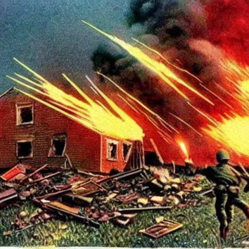 Image similar to color photo from the 80s, the shelling of a house in New York by Soviet soldiers, Many soldiers,epic style, a bunch of explosions, realistic style