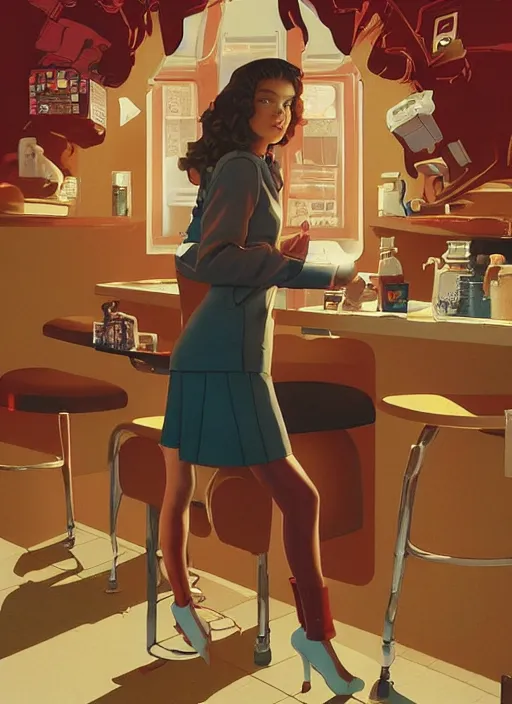 Image similar to poster artwork by Michael Whelan and Tomer Hanuka, Karol Bak of Zendaya a high school student working at the local diner, wearing rr diner uniform, from scene from Twin Peaks, clean