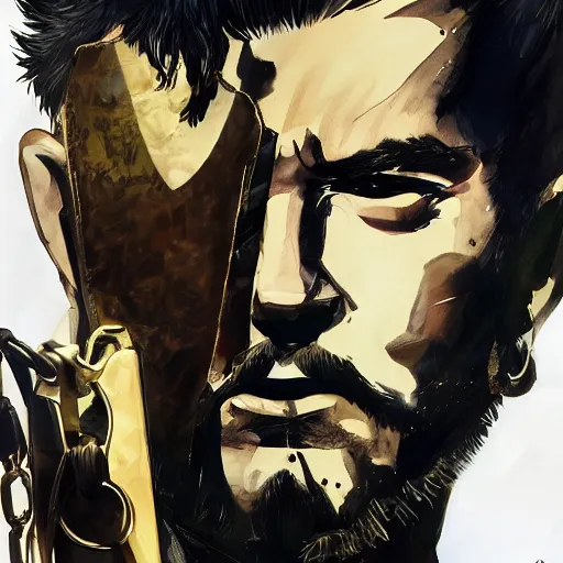 Image similar to portrait of a hero holding his sword in front of his face by yoji shinkawa, high quality, extra details, realism, ornate, colored, golden chain, blood, white skin, short hair, brown eyes, vivid, sunlight, dynamic, american man, freedom, white american soldier, painting, half and half, half painted half black and white