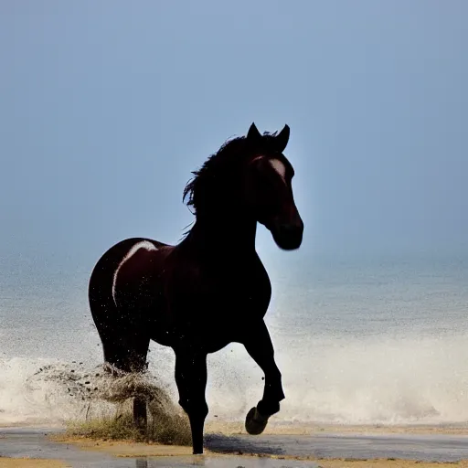 Image similar to a horse running in front of a sea, wievein its mane, on the beach, the sun is blowing up, smoke everywhere