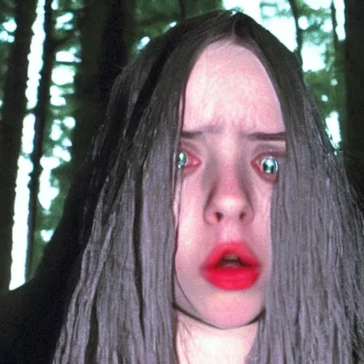 Prompt: found footage of Billie Eilish as the witch in The Blair Witch Project, movie still, horror