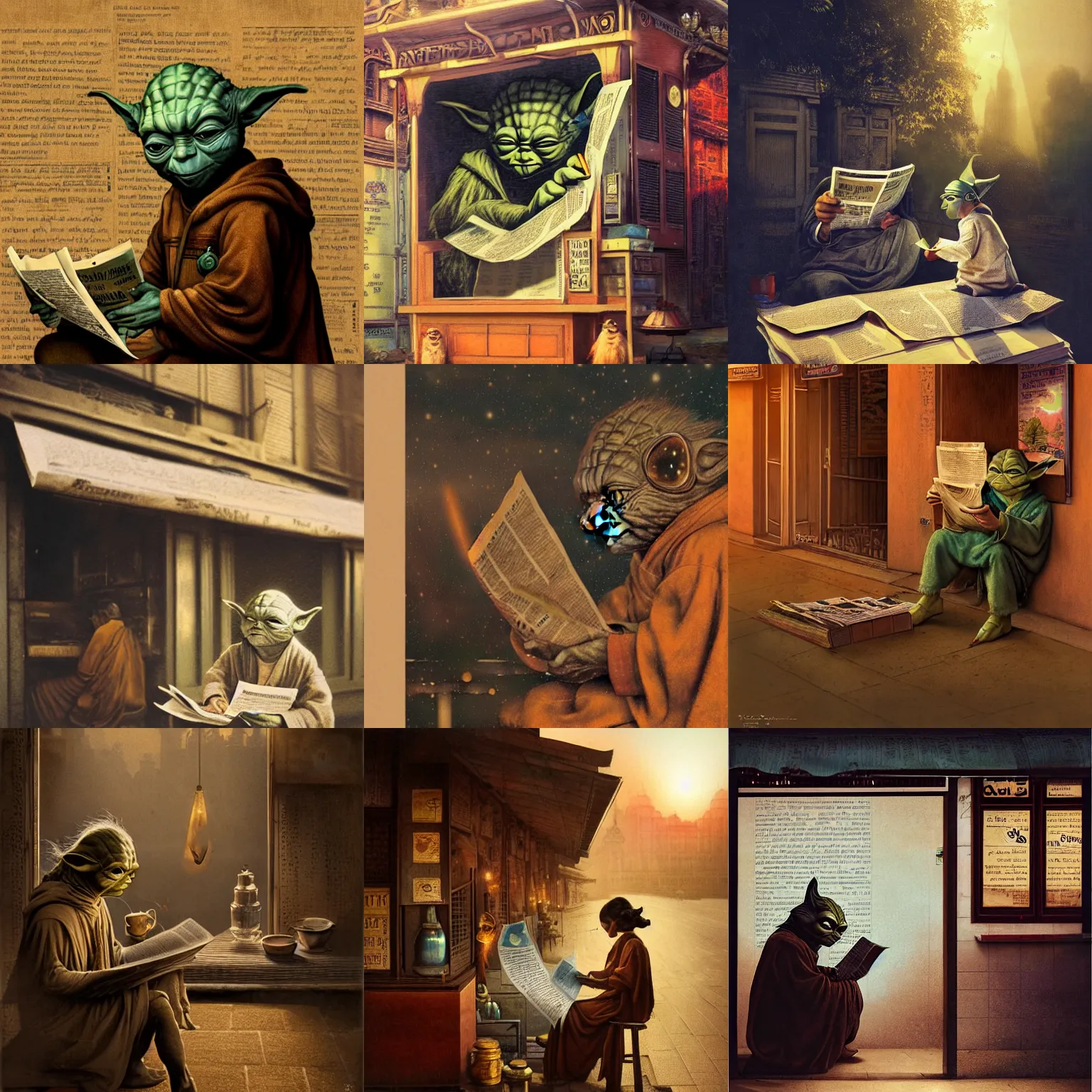 Prompt: a beautiful ultradetailed fine art vintage photo of yoda reading a newspaper by a street side tea stall in india, by tom bagshaw and zach sutton, backlight, telephoto lens, bokeh, golden ratio composition, sunset golden hour hues, very detailed, humanoids, industrial robots, artstation, 8 k, highly coherent