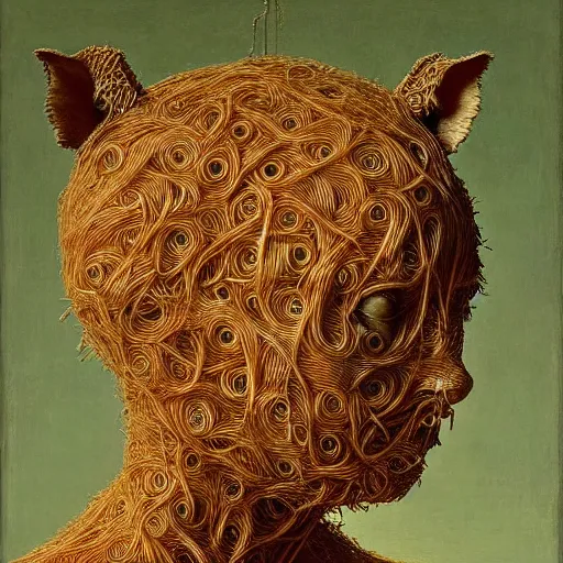 Prompt: half boy half rhino made of spaghetti, by giuseppe arcimboldo and ambrosius benson, renaissance, intricate and wet oil paint, a touch of beksinski, realistic