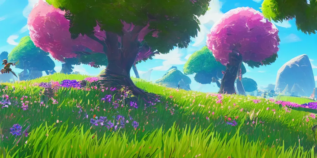 Prompt: ! dream colour theory cascading concept art of spring flower landscape in the style of breath of the wild, fortnite season 1 beautiful, fortnite graphics