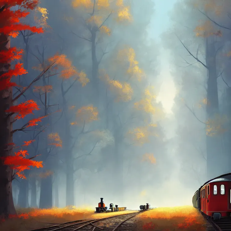 Image similar to Goro Fujita illustrating An antique steam train with a large white cloud coming out of the chimney travels through a beautiful autumn forest along the railroad tracks, art by Goro Fujita, concept art, sharp focus, ArtStation