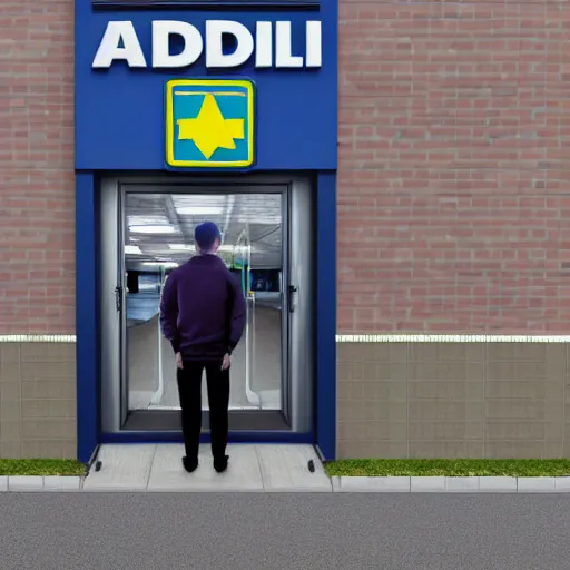 Prompt: a man terrified of entering an aldi supermarket, photo realistic