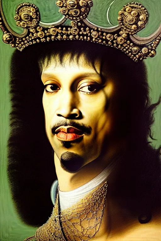 Prompt: high quality celebrity portrait of prince in a crown and sunglasses painted by the old dutch masters, rembrandt, hieronymous bosch, frans hals, symmetrical detail