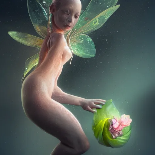 Image similar to a realistic slimy fairy fetus emerging from a budding flower, dramatic lighting, cinematic, establishing shot, extremely high detail, foto realistic, cinematic lighting, post processed, concept art, high details, cinematic, 8k resolution, beautiful detailed, photorealistic, digital painting, artstation, concept art, smooth, sharp focus, artstation trending, octane render, unreal engine