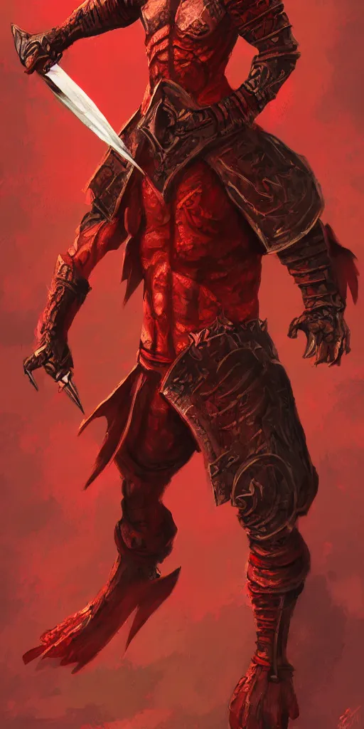 Image similar to red scaled male dragonborn wearing rogue outfit, muscular, wielding two daggers, fantasy, digital painting, cell shading, sharp, smooth focus