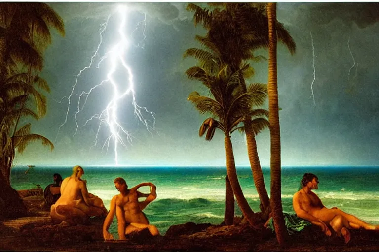 Prompt: doomsday, refracted lightnings on the ocean, thunderstorm, greek pool, beach and Tropical vegetation on the background major arcana sky and occult symbols, by paul delaroche, hyperrealistic 4k uhd, award-winning, very detailed paradise