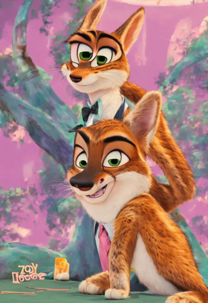 Image similar to portrait of tabby male in the style of the movie Zootopia wearing a pink tuxedo, 4k, digital art, award winning