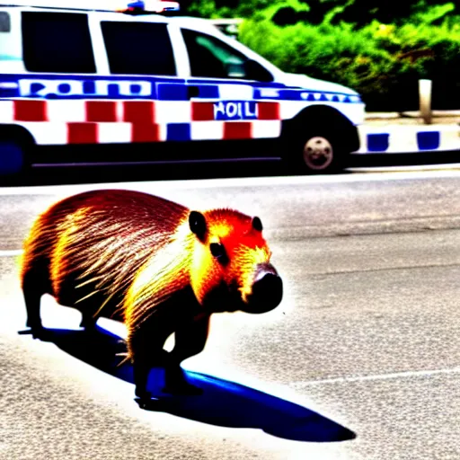 Image similar to capybara on skateboard being chased by police cars , 4k , HD , cops are looking for capybara