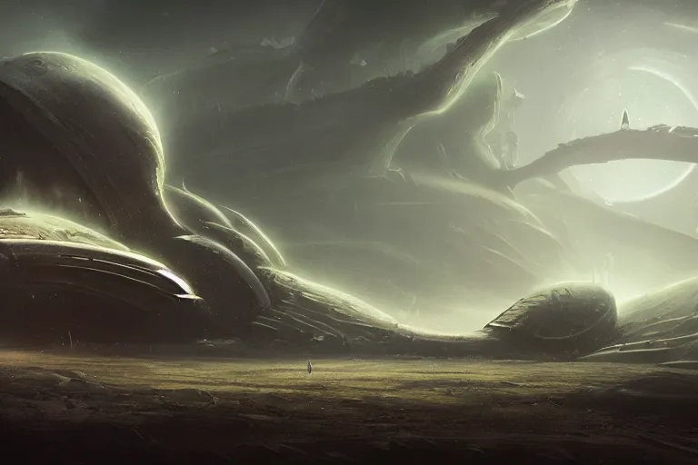 Image similar to spaceship lands on the face of a foreign alien planet, foreboding, dangerous, dark, scary, brooding amazing concept painting by Jessica Rossier and HR Giger