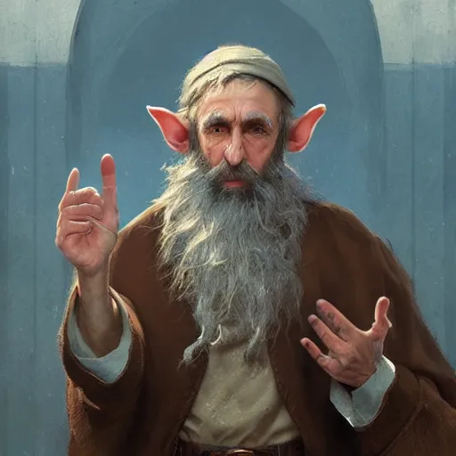 Prompt: A middle aged elf, wrinkled olive skin, brown hair and a raised hand, long beard, blue robes with clocks on, detailed face, highly detailed, cinematic lighting, digital art painting by greg rutkowski.
