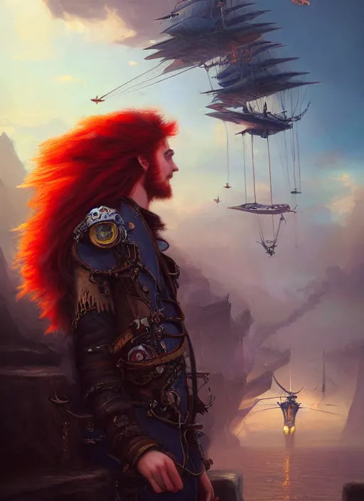 Prompt: portrait painting of a long haired, red headed male sky pirate in front of steampunk airship by raphael lacoste and stephan martiniere fantasy soft hair trending on artstation key art dramtic volumetric lighting, 4 k, award winning