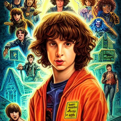 Prompt: A fantasy comic book style portrait painting of Finn Wolfhard, Stranger Things universe, real, refined, detailed digital art, Josephine wall, oil painting, William-Adolphe Bouguereau, Art Frahm, Esao Andrews, Steampunk, Walt Disney (1937) ), Highly Detailed, Cinematic Lighting, Unreal Engine, 8k, HD