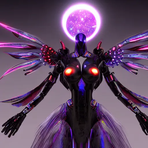 Image similar to the most beautiful cosmic android robot female devil, long glowing horns, huge wispsy wings, devil wings, into the cosmic sun, photo pic by unreal engine