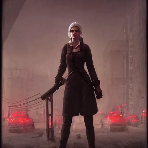 Prompt: ciri in a dark industrial soviet city, smog, atmospheric, pollution, digital art, by greg rutkowski, highly detailed, by jeremy lipking, octane render