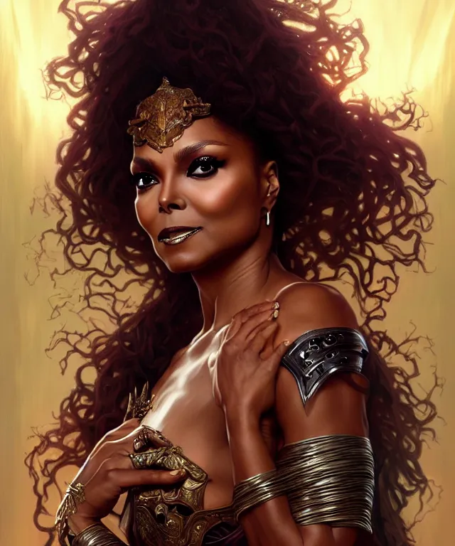 Image similar to Janet Jackson as a fantasy magic woman portrait, sci-fi, amber eyes, face, long hair, fantasy, intricate, elegant, highly detailed, digital painting, artstation, concept art, smooth, sharp focus, illustration, art by artgerm and greg rutkowski and alphonse mucha