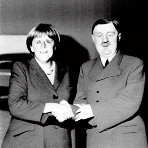 Image similar to chanceler merkel and hitler shaking hands with a mushroom cloud in the background, press photo