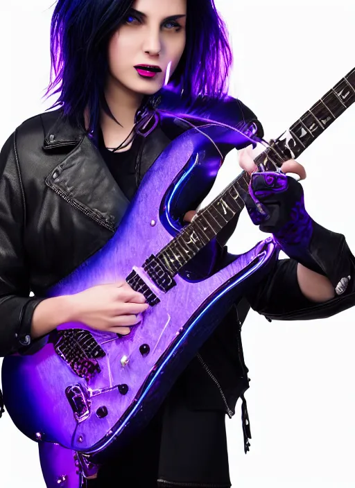 Image similar to woman with black hair and a open leather jacket playing electric guitar, intricate, highly detailed, purple and blue lighting, face enhance, trending on artstation, octane render