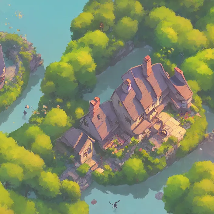 Image similar to rpg top down view of a lovely cottage, cory loftis, james gilleard, atey ghailan, makoto shinkai, goro fujita, studio ghibli, rim light, exquisite lighting, clear focus, very coherent, plain background, soft painting