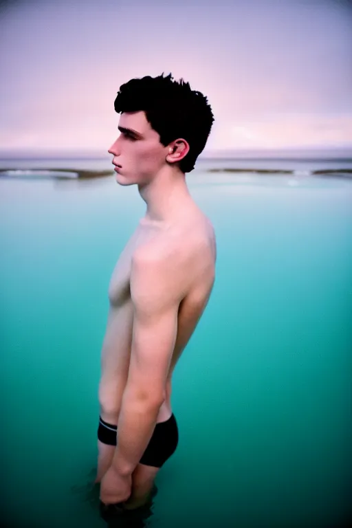 Image similar to high quality pastel coloured film mid angle docu photograph of a beautiful young 2 0 year old male, soft features, short black hair, swimming, jumping in an icelandic black rock pool environment. atmospheric. three point light. photographic. art directed. ( pastel colours ). volumetric light. clearcoat. waves glitch. 8 k. filmic.