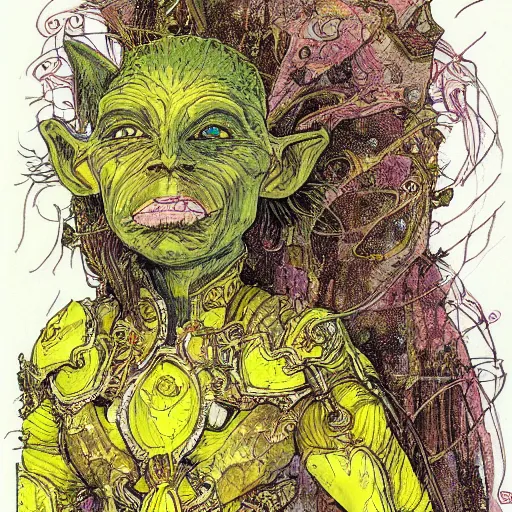 Prompt: portrait of ethereal young goblin princess in golden armour by Ian Miller