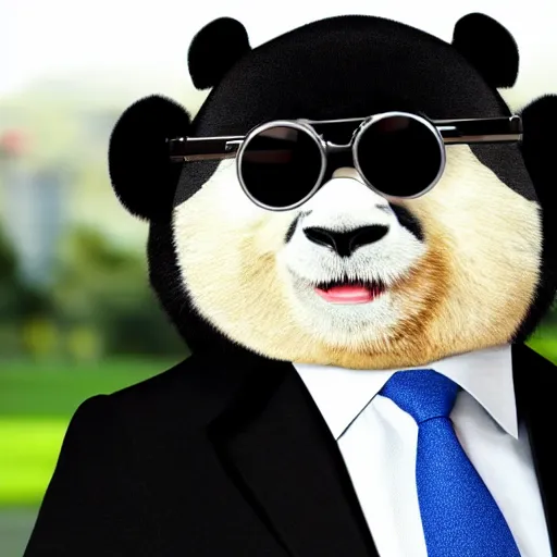 Prompt: A potrait of a human size panda in suit wearing tie with sunglassses.