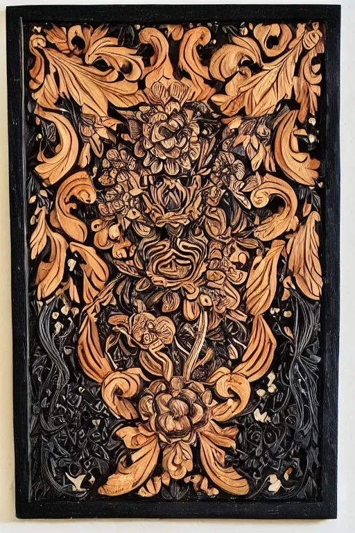 Image similar to Painted dark-wood panel relief carving of the close up of a Flowerpunk Pig, ornate border frame, explosion of colorful flowers, dark wood, intricately carved, black ink, festival of rich colors, intricate details, cinematic lighting, volumetric lighting, post-processing, art nouveau, tarot, fractal art, mandala, by andreas rocha and john howe, and Martin Johnson Heade, featured on artstation, featured on behance, golden ratio, hyper detailed, photorealistic, epic composition, center spotlight, f32, well composed, symmetrical, UE5, 8k