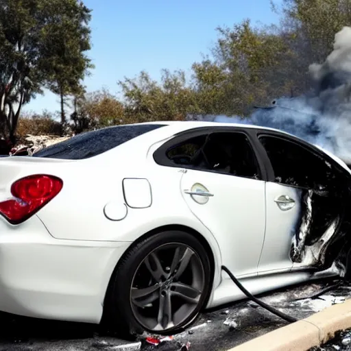 Prompt: Infiniti G35 white in violent car crash burning on fire brutal accident