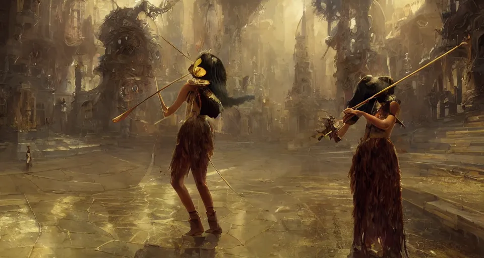 Image similar to craig mullins and ghibli digital art of on the huge stage, the masked female violinist playing alone, she wore a strong exotic costumes, gold ornaments, black hair, unreal engine, hyper realism, realistic shading, cinematic composition, realistic render, octane render, detailed textures, photorealistic, wide shot