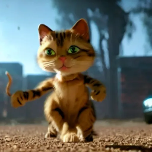 Prompt: a cinematic fill still from a 2015 movie where anthropomorphic cats battle with aliens, in the style of Quentin Tarantino, shallow depth of focus