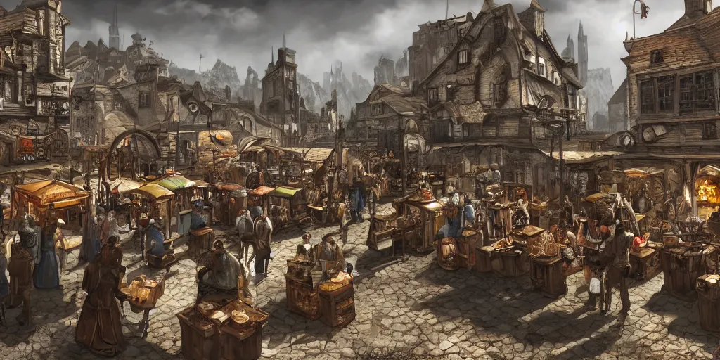 Image similar to a busy marketplace full of merchants in an old medieval town, fallout style, fantasy apocalypse, digital art, 4 k,