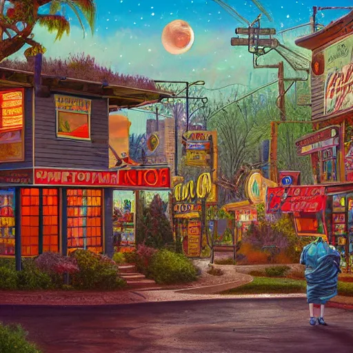 Image similar to 5 0 s tract home suburb on ancient post - apocalyptic planet, jim henson creature shop, vivid and colorful, thomas kincaid, cinematic, oil painting, highly detailed, illustration